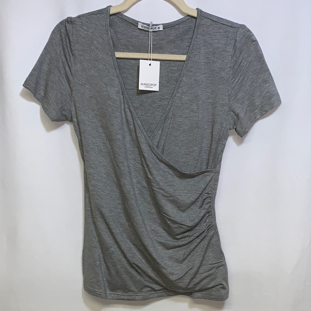 Mango Gray Wrap-Front Short Sleeve Top